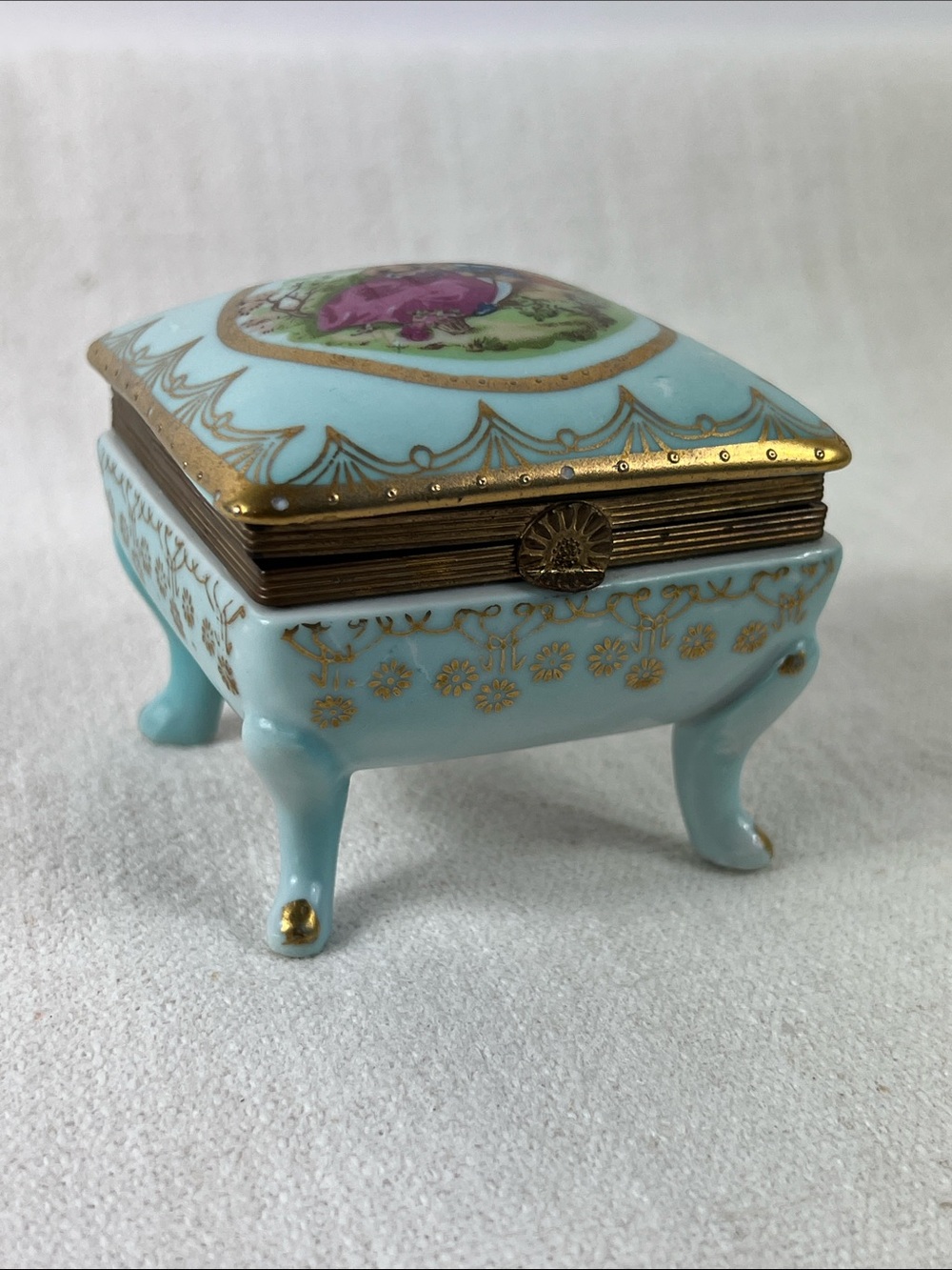 Vintage Blue Porcelain Trinket Box with Gold Accents